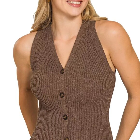 Zenana Ribbed‎ Knit Button-Down Sweater Vest - Picture 2 of 3